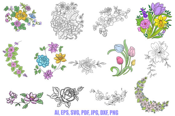 Explore the Elegance of Line Art Floral Flowers Bouquet Wreath